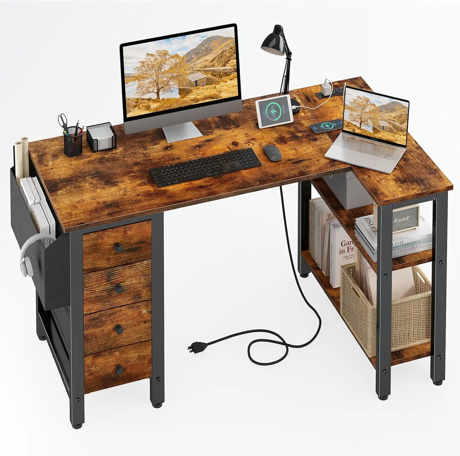 L Shaped Desk with Drawers & Storage Shelves, 47 Inch Corner Computer Desk with Power Outlet for Home Office Bedroom