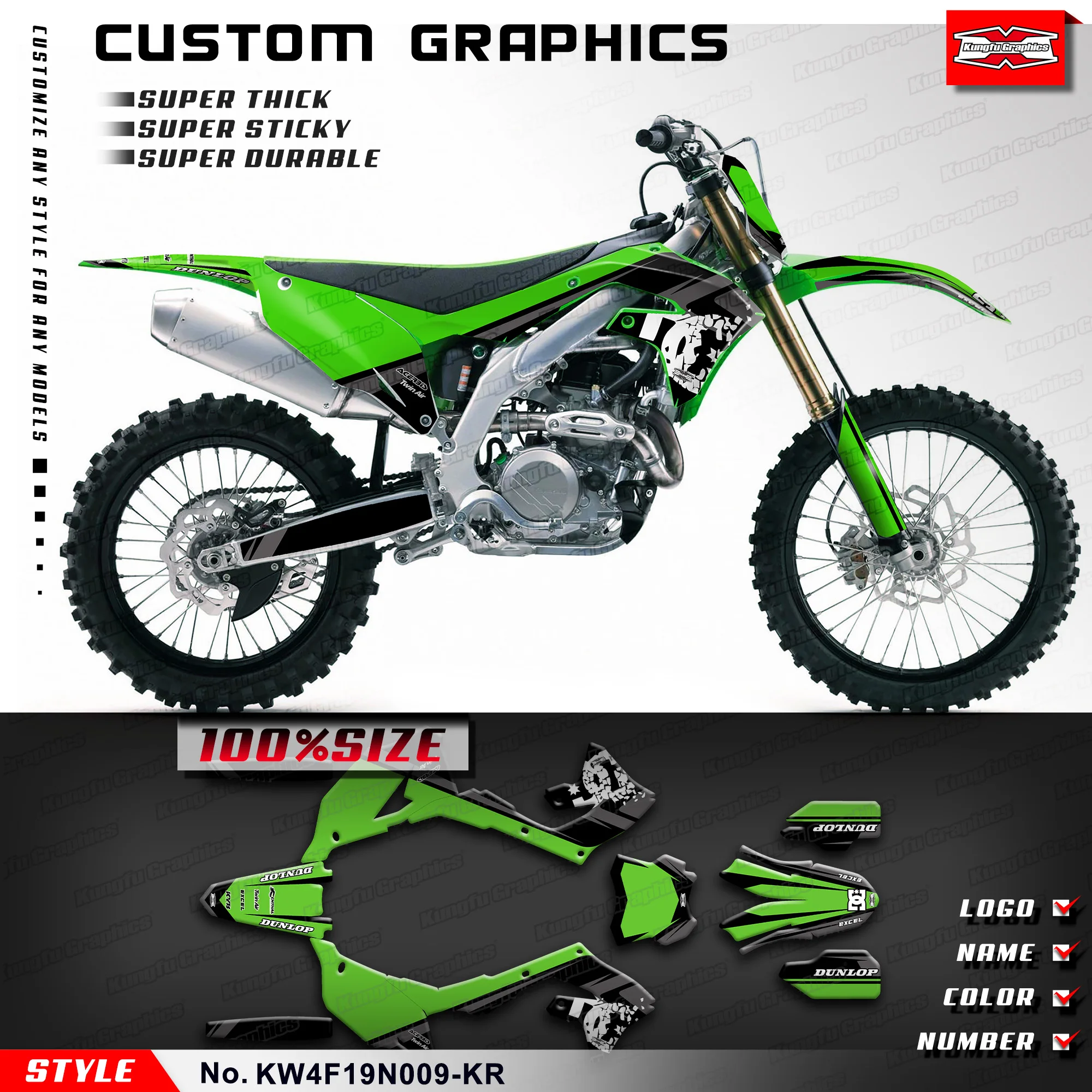 

KUNGFU GRAPHICS Racing Sticker Vinyl Decal for Kawasaki KX450F KX250F KXF450 KX250X 2019 2020 2021 2022 2023, KW4F19N009-KR