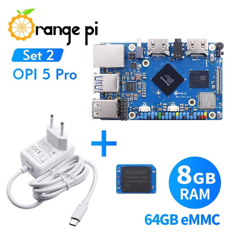 Orange Pi 5 Pro 8GB+64GB EMMC Module+5V5A Type-C Power Supply, DDR5 Rockchip RK3588S Gigabit Ethernet WiFi+BT BLE Mini PC Kit