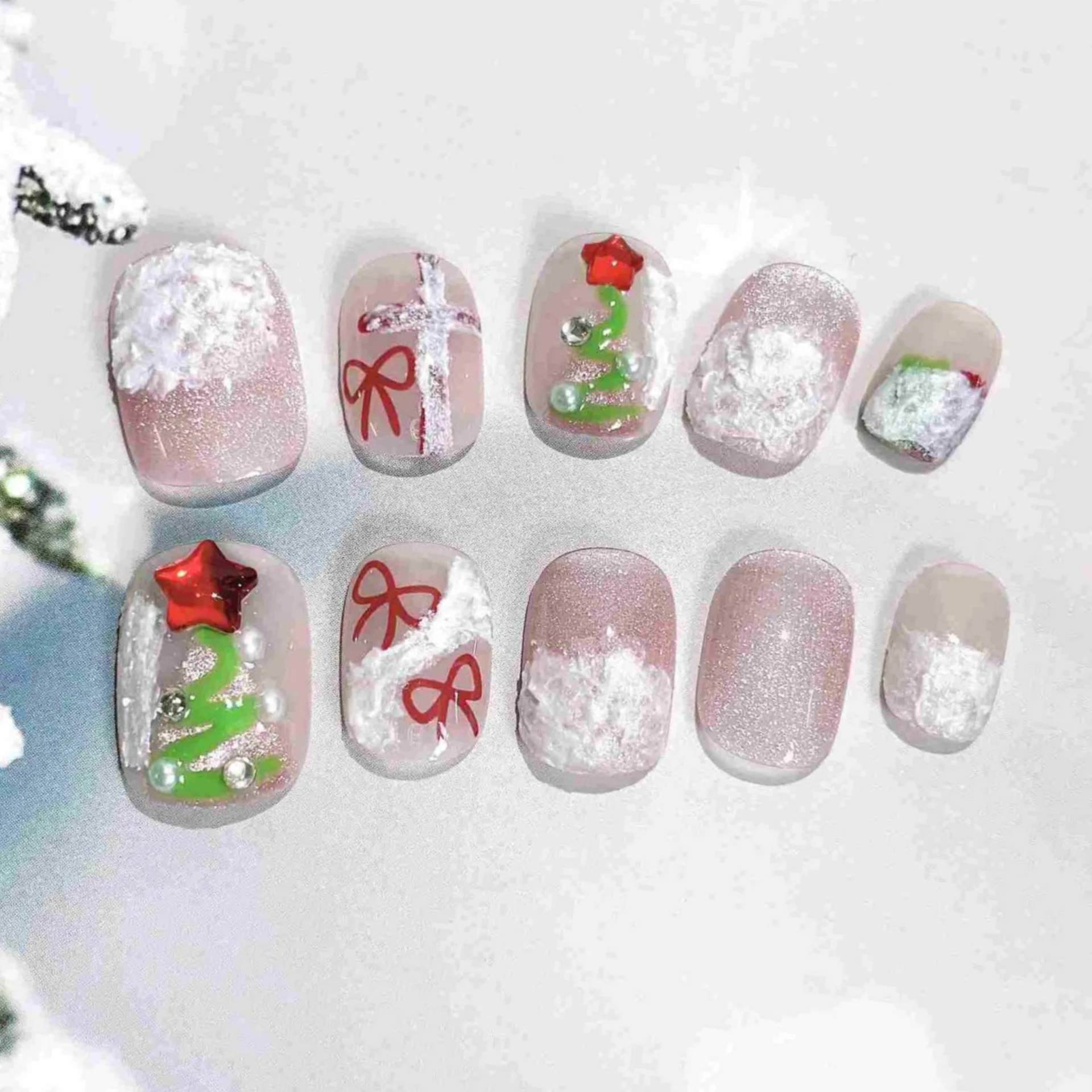 10 pièces à la main faux ongles pointe noël mignon rouge oeil de chat court carré rond presse sur ongles Art flocon de neige arbre conception faux ongles