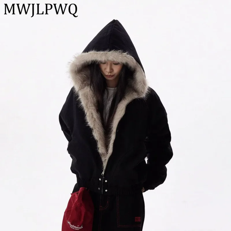 

MWJLPWQ American Retro Cleanfit Fur Collar Hooded Jacket Men's Winter Streetwear New Thickened Unisex Trendy Cotton Coat 16514