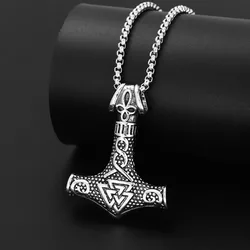 Vintage Viking Animation Style Pendant Necklace Titanium Steel Nordic Thor Hammer Triangle Knot Pendant Men's Necklace Wholesale
