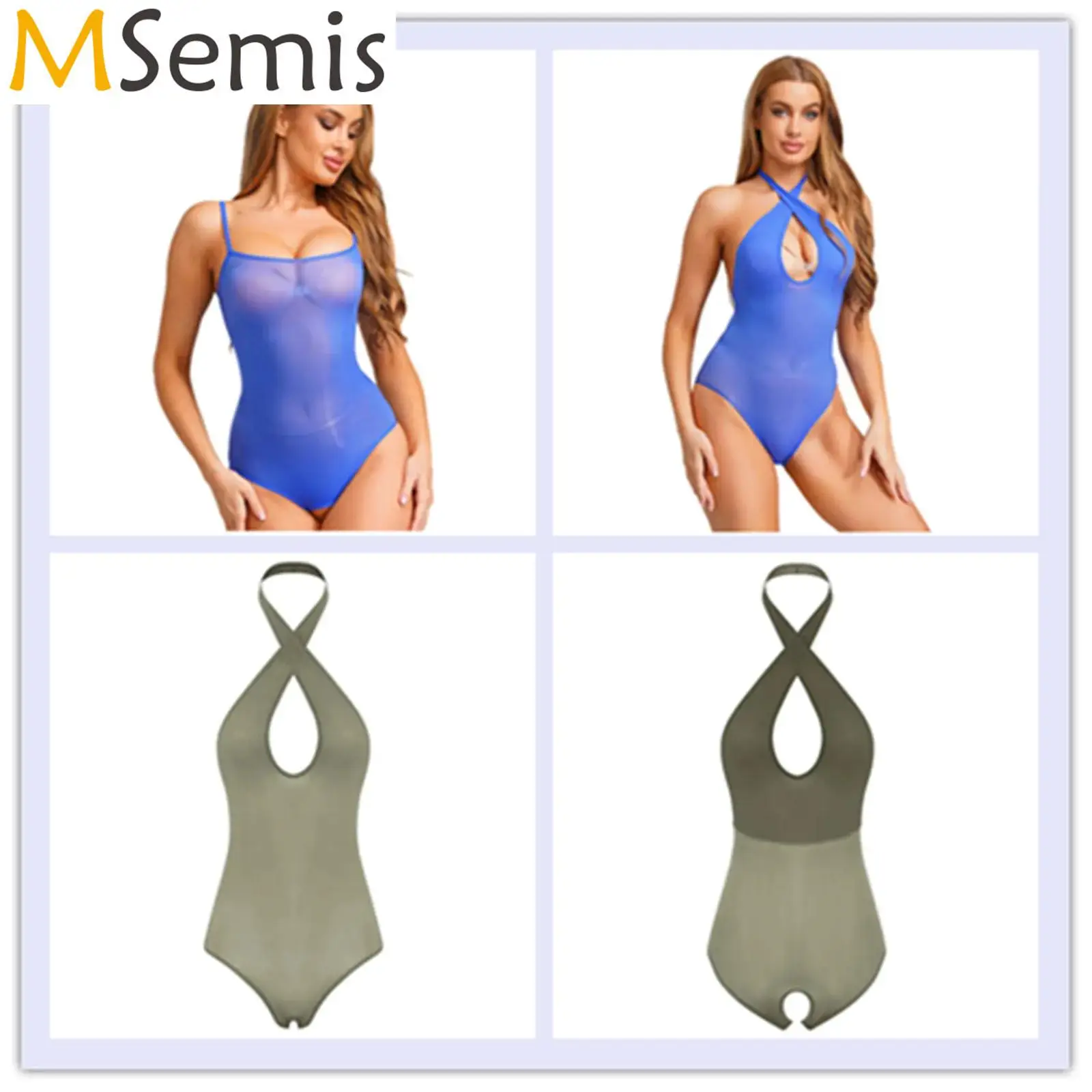 

Womens Lingerie One Piece Bodysuit Underwear See Through Crotchless Stretchy Sling Jumpsuit Glossy Swimwear Leotard Nightwear