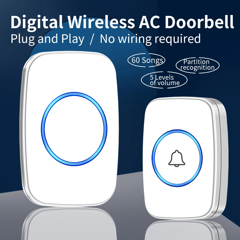 CACAZI Without Logo Wireless Doorbell Intelligent Call Chime 60 Songs Remote Control Waterproof Button Outdoor UK/EU/AU/US Plug