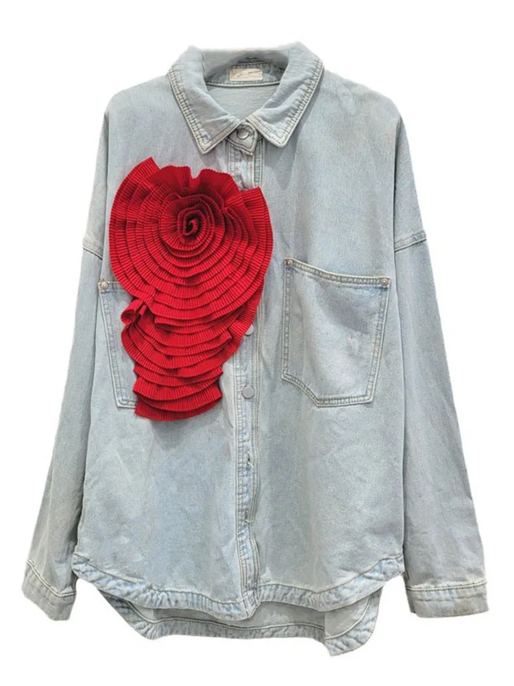 DEAT Fashion Women\'s Spliced Wrinkled Flower Denim Shirts 2024 Summer Turn-down Collar Long Sleeve Buttons Blouse Female 29L7750