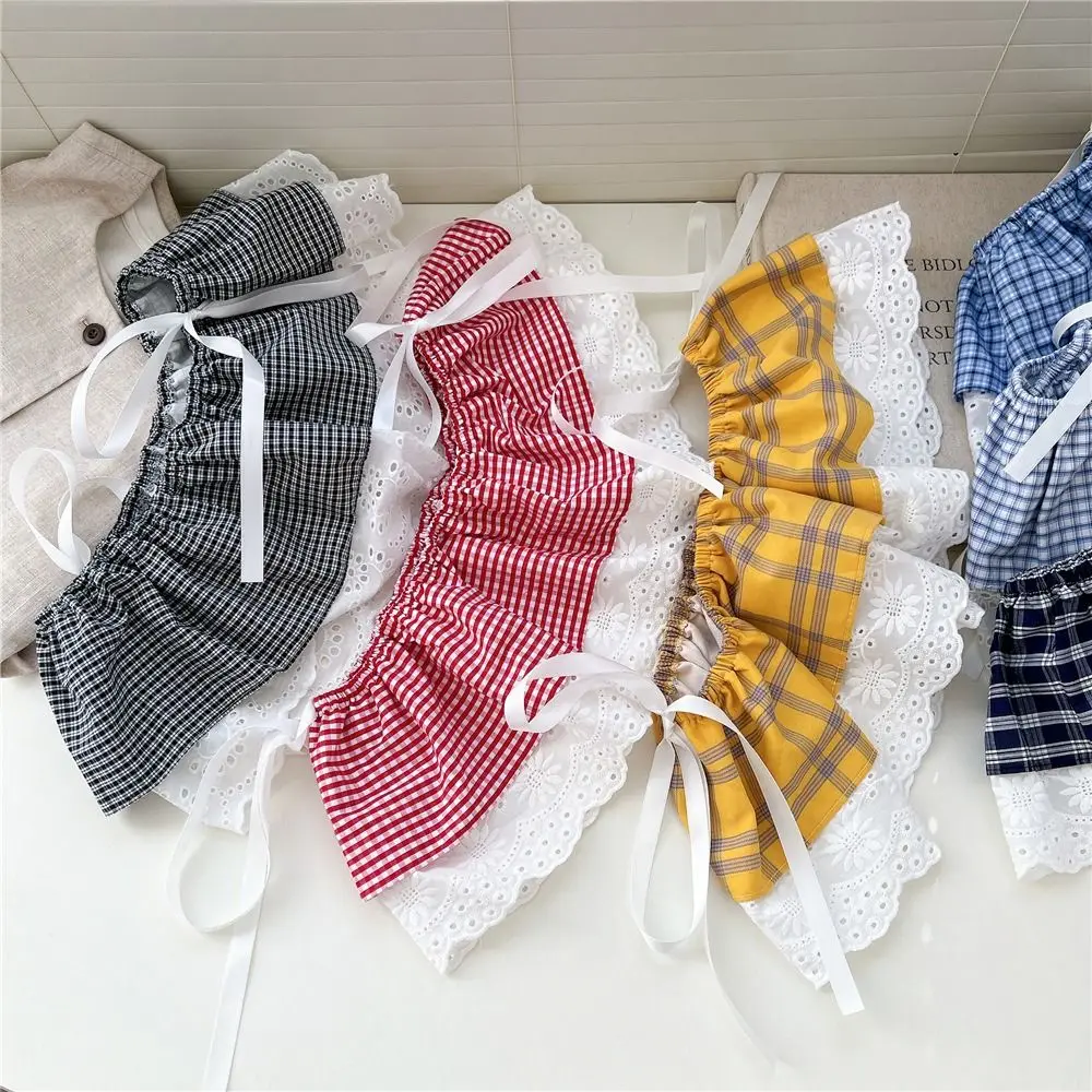 

Sweet Balletcore Plaid Fart Curtain Lace Up Korean Style Ruffle Short Skirts Flower Stacked Butt Curtain Girl