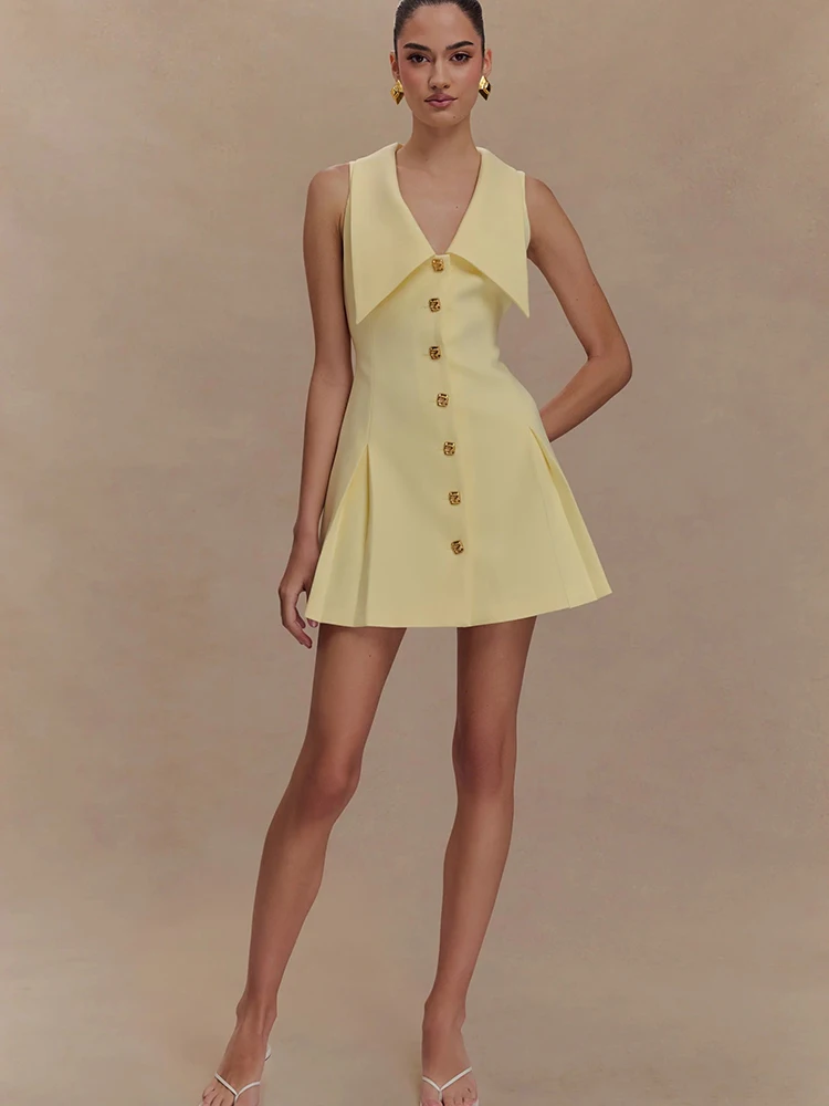 

Fashion Sleeveless Button Blazer Dress For Women Elegant Large Lapel Bodycon Mini Dress For Formal Occasions 2025 New