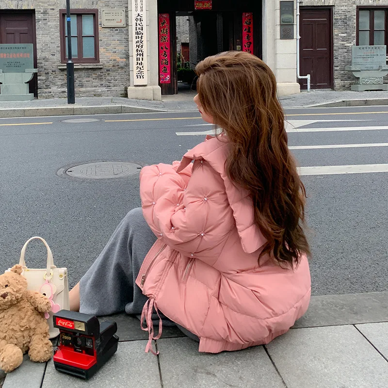 Jaqueta curta para mulheres, gola de boneca coreana, agasalhos elegantes de pérolas, jaquetas de neve quentes e soltas grossas, casacos de inverno femininos