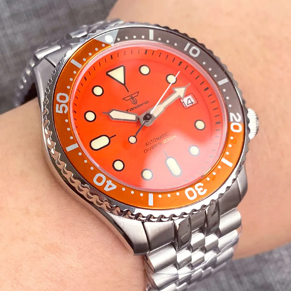 Tandorio 41mm Luxury 200M Waterproof Automatic Watch for Men NH35 3.8 Crown Sunburst Orange Dial Diving Clock Steel Bracelet SKX