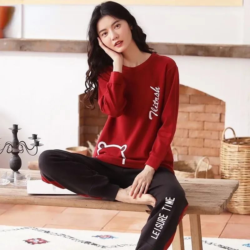 

2023 100% Cotton Pajamas Women Spring Autumn Winter Long Sleeve Loungewear Suit Leisure Fashion O-neck Large Size Cozy Homewear