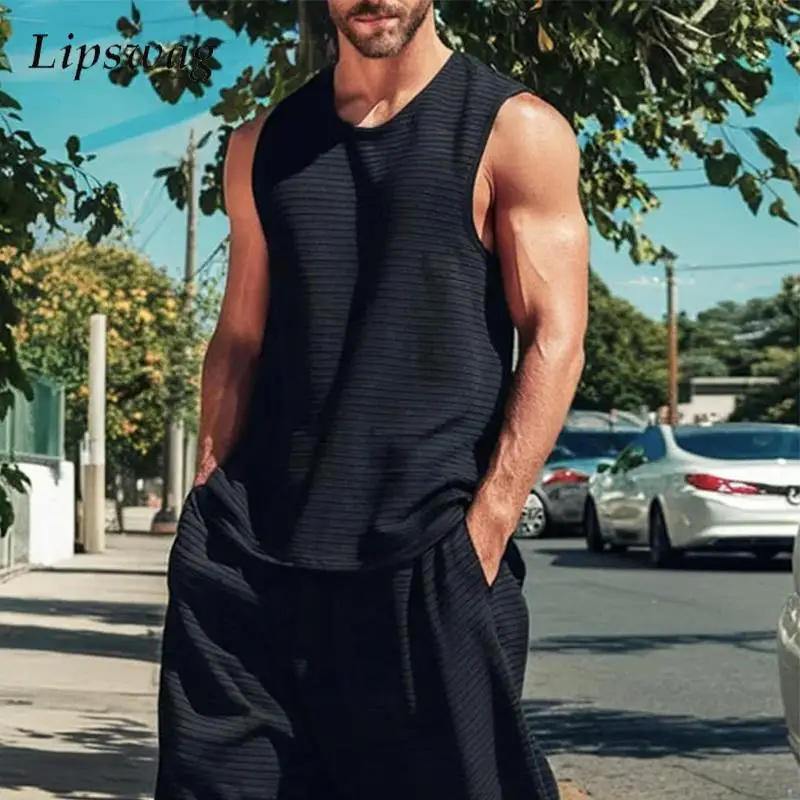 

Vintage Solid Color Two Piece Mens Outfits Casual Loose Sleeveless Vest And Pants Men Sets 2025 Summer Daily Leisure Beach Suits