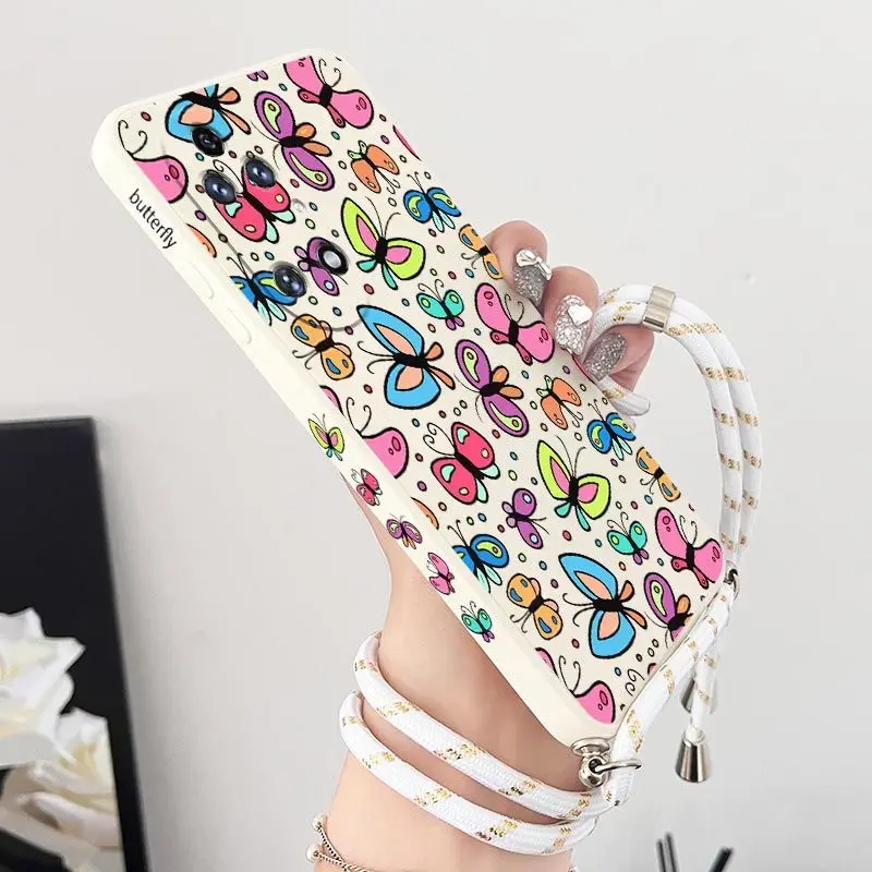 Charm Butterfly Crossbody Lanyard Silicone Phone Case For Huawei P50 P40 P30 P40 Lite P20 Pro Nova 10SE Mate 50 40 30 Pro Cover