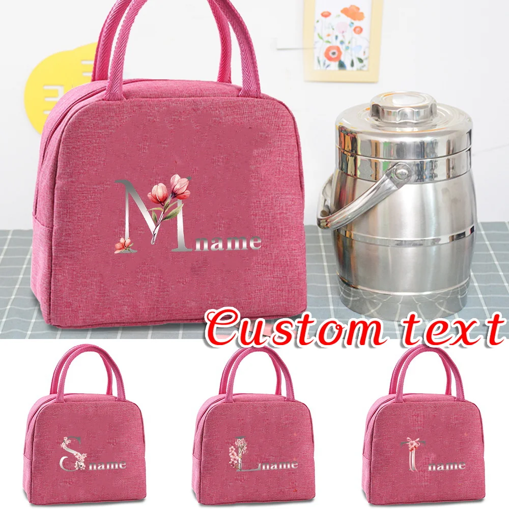 

Customizable Name Insulated Pink Canvas Lunch Bag Insulated Food Refrigerator Lunch Box Bag Letter Pattern Series