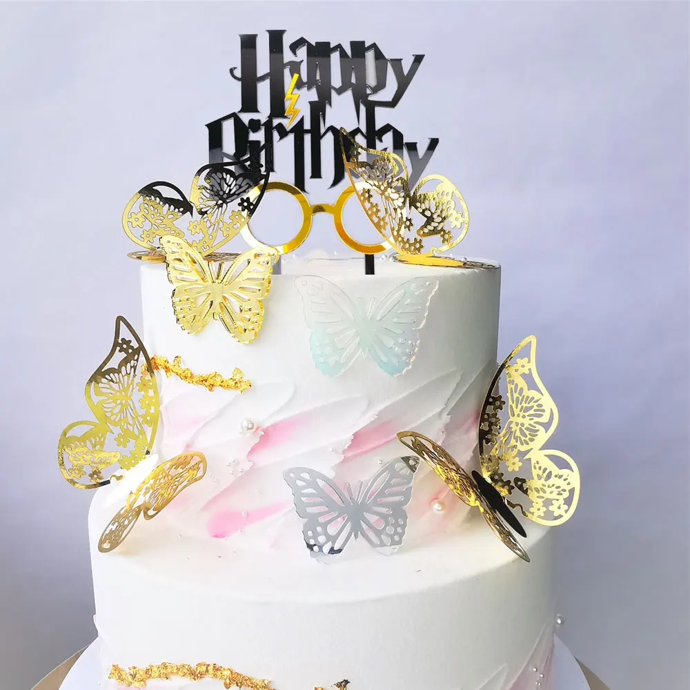 

1Pc Happy Birthday Acrylic Birthday Cake Copper Gold Black Party Wedding Decoration Cake Decorating Tools Birthday Party