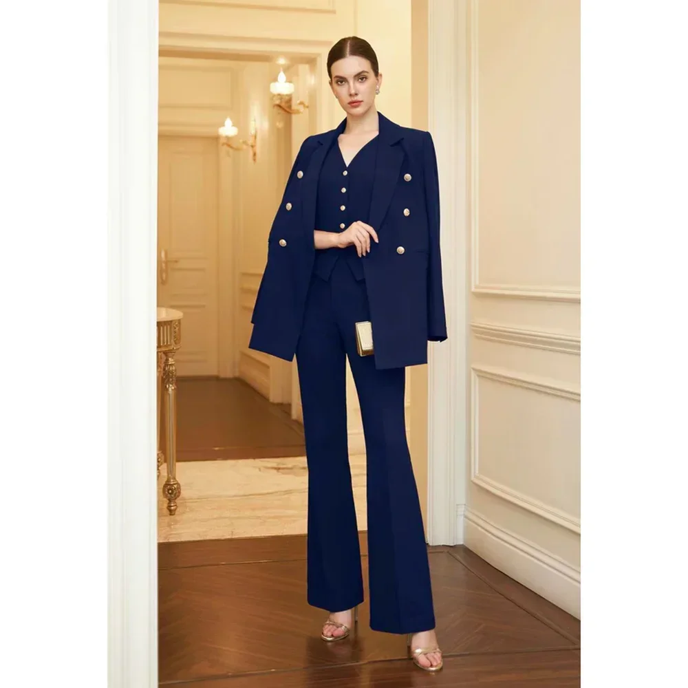 

Formal Navy Blue Women Suits Elegant Peak Lapel Double Breasted 3 Piece Chic Casual Office Lady Pants Sets (Blazer+Vest+Pants)