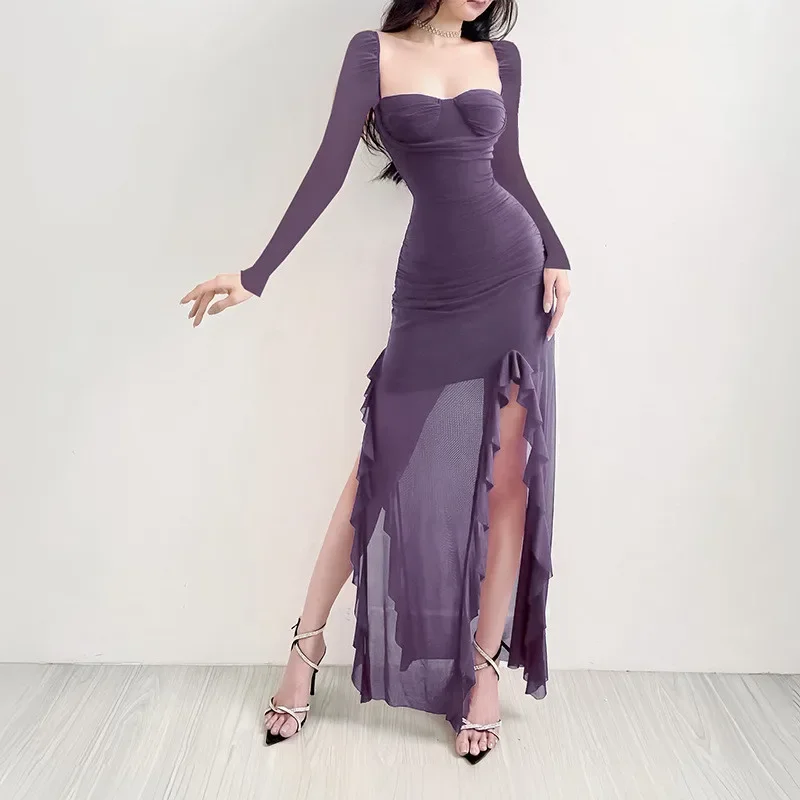 Fashion High Split Square Collar Mesh Ruffles Dress Women Long Sleeve Bodycon Slim Evening Party Dress Purple Black Pencil Dress