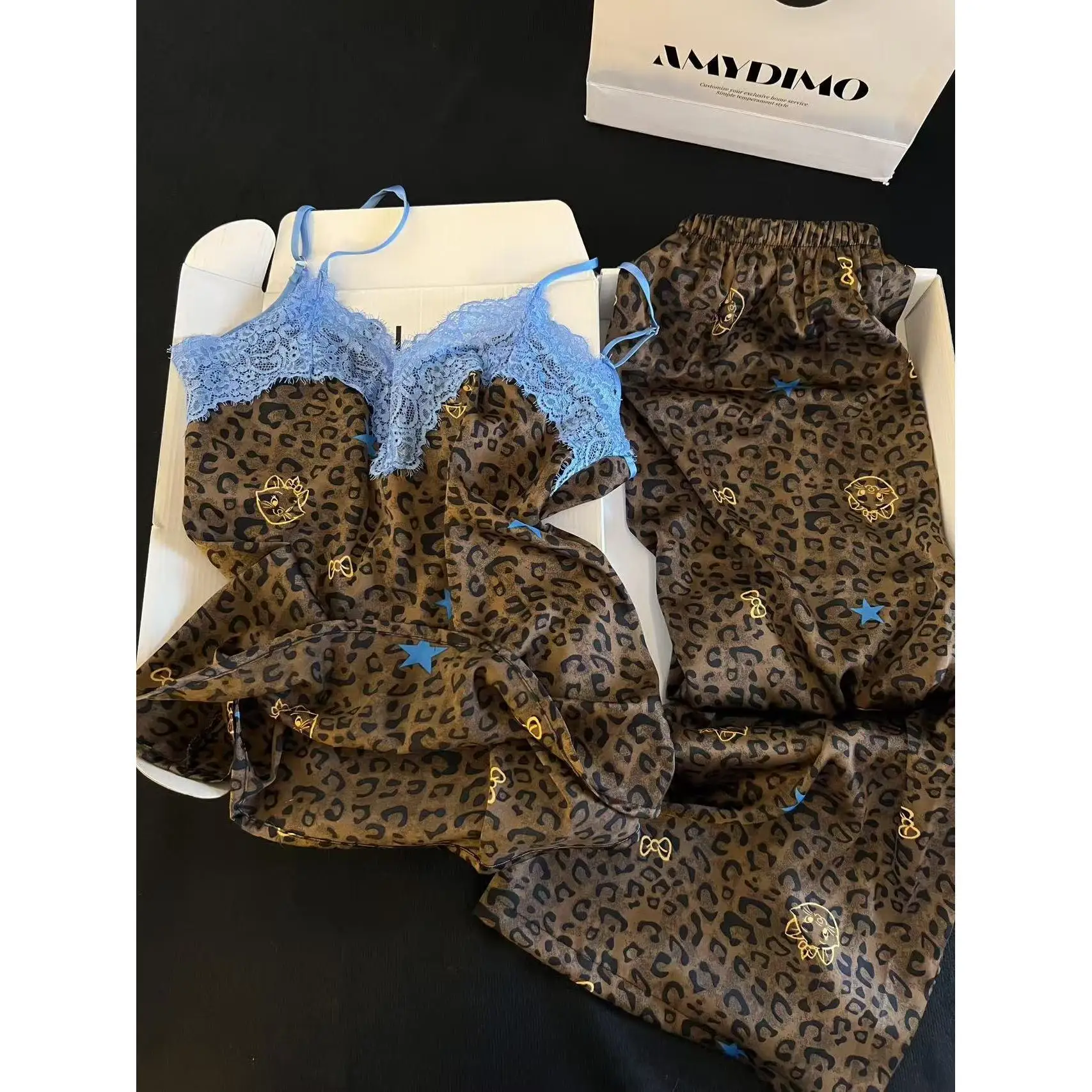 Somenie American Spice Girl Leopard Lace Splicing Ice Ribbon Chest Pad Pajamas Women's Summer Suspender Shorts