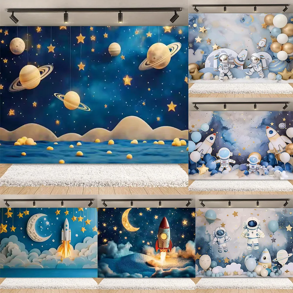 

Astronaut Universe Background Outer Space Planet Backdrops Cake Decoration Supplies Blue Night Sky Star Rocket Banner Baby Gifts
