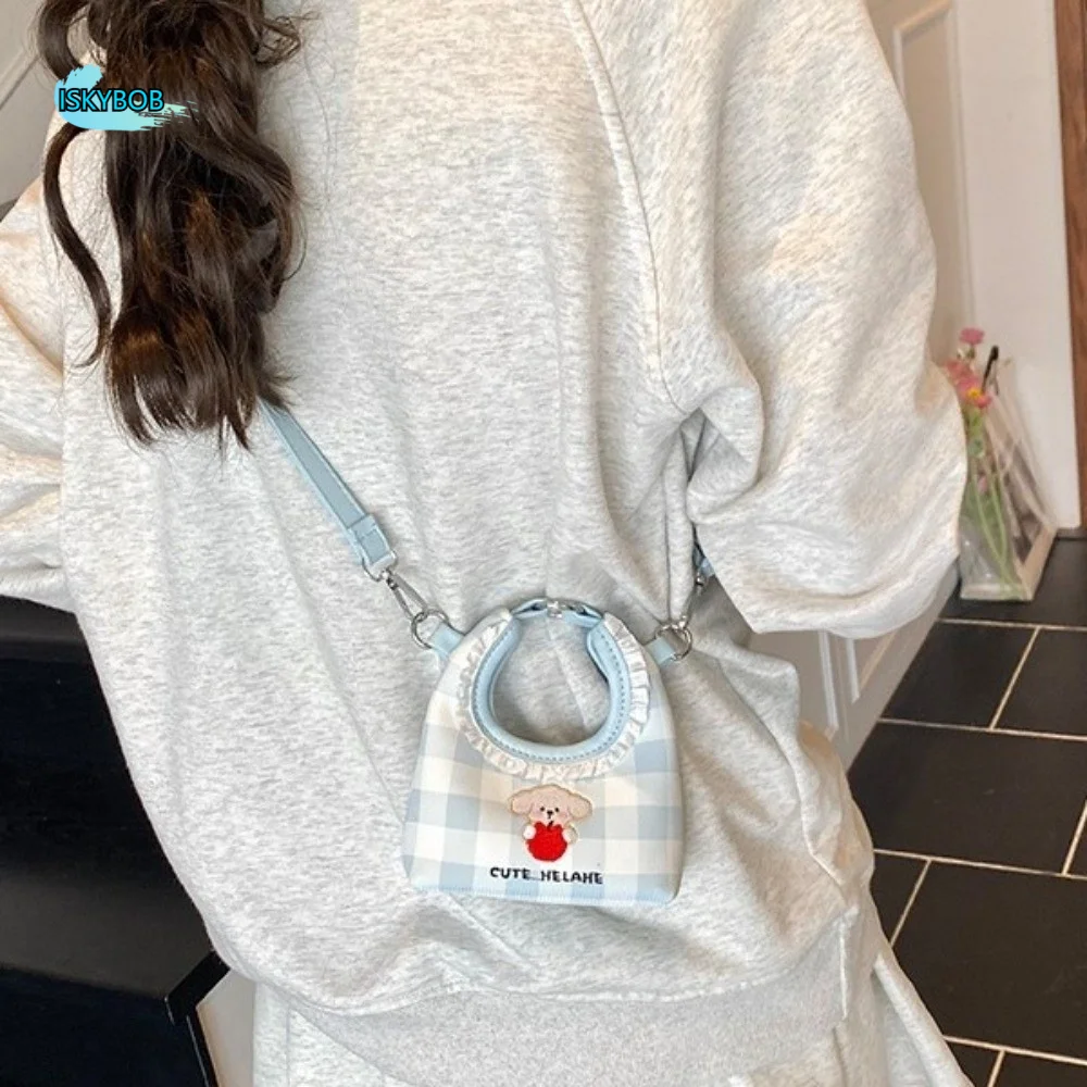 

Sweet Embroidery Dog Shoulder Bag Cartoon Solid Color PU Crossbody Bag Grid Korean Style Crescent Handbags Lady