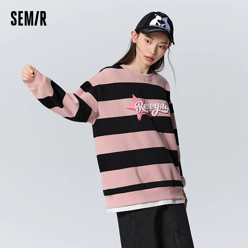 Semir Sweatshirt Women Mid-Length Spliced Pullover Sweet Cool Winter Trendy Loose Letter Striped Shirt