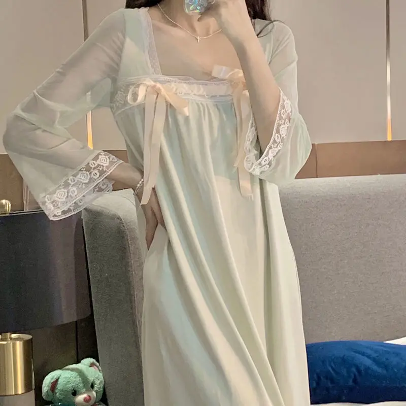 Summer Womens Vintage Dress Long Sleeve Sleepshirts Lace Lady Girls Nightgowns Nightdress Chinese Style Pajamas Sleepwear