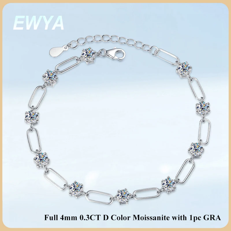 

EWYA 4mm 0.3CT D Color Round Moissanite Diamond Link Bracelet for Woman Man 925 Silver Adjustable 16cm Chain Bracelets GRA Gift