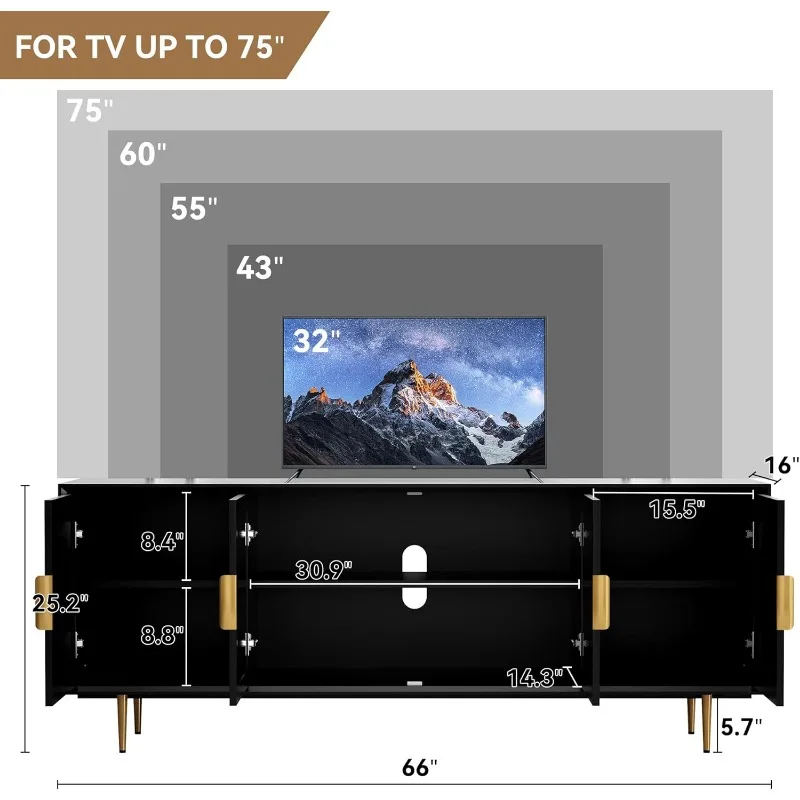 Modern TV Stand for 70 inch TV Black TV Console with 4 Glass Doors Entertainment Center with Storage Cabinet