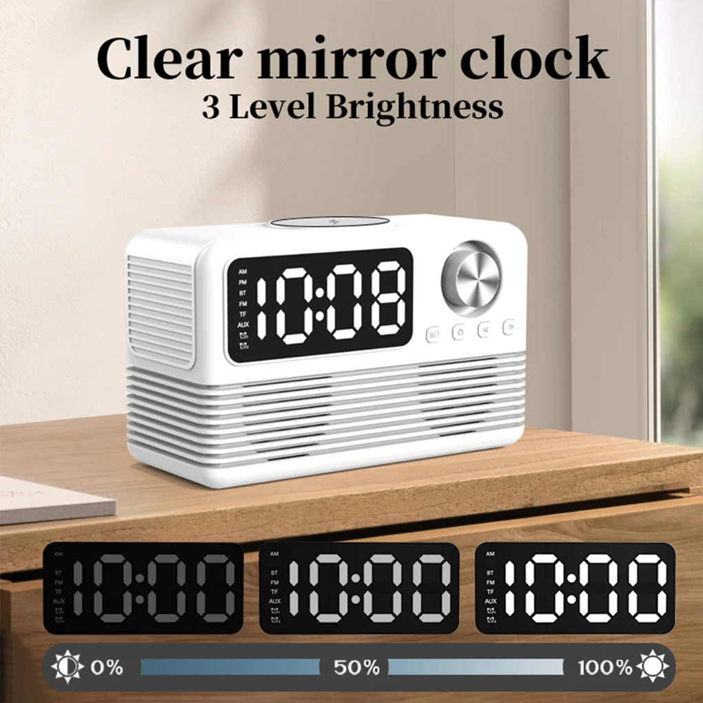 Desktop Decor Bluetooth Music Speaker With 15w Wireless Fast Charge Real Time Dual Alarm Clock + FM radio USB External Charging