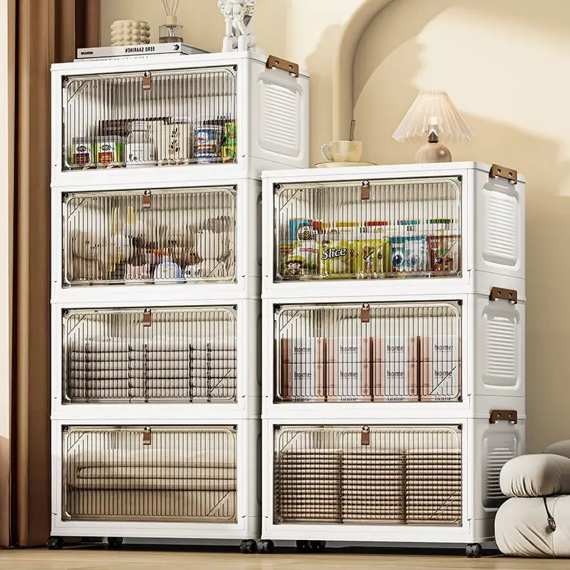 Push-Fit Foldable Storage Cabinet with All-Way Wheels – Segmented Flip-Back Lid Shelf for Living Room & Bedroom, Modular Unit