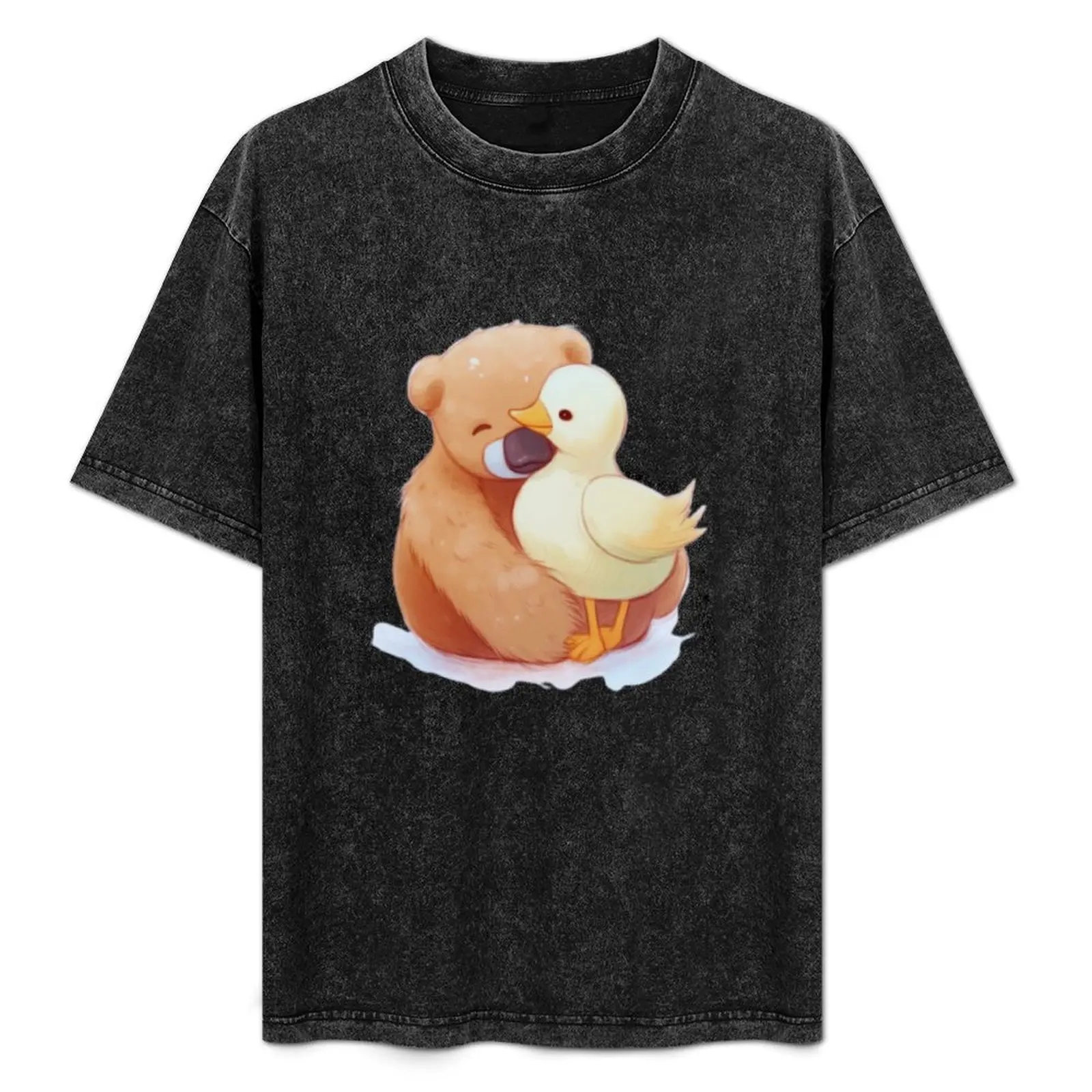 

cute drawing of a bear hugging a duck, T-Shirt Anime t-shirt summer top boys animal print designer shirts mens plain t shirts