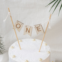 New Wooden ONE Year Old Birthday Cake Topper ONE Cake Flag Kids First Birthday Party Cake Decoration Baby Shower Supplies