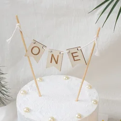 New Wooden ONE Year Old Birthday Cake Topper ONE Cake Flag Kids First Birthday Party Cake Decoration Baby Shower Supplies