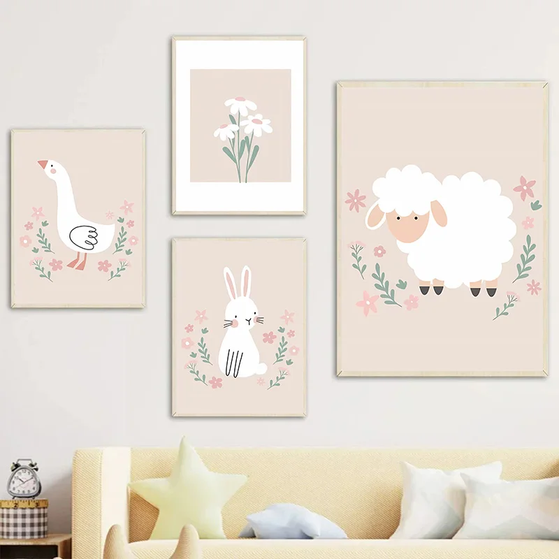 Cartoon Rabbit Goose Sheep Flower Nursery Wall Art Canvas Painting Nordic Girl Posters Prints Pictures for Baby Kids Room Decor