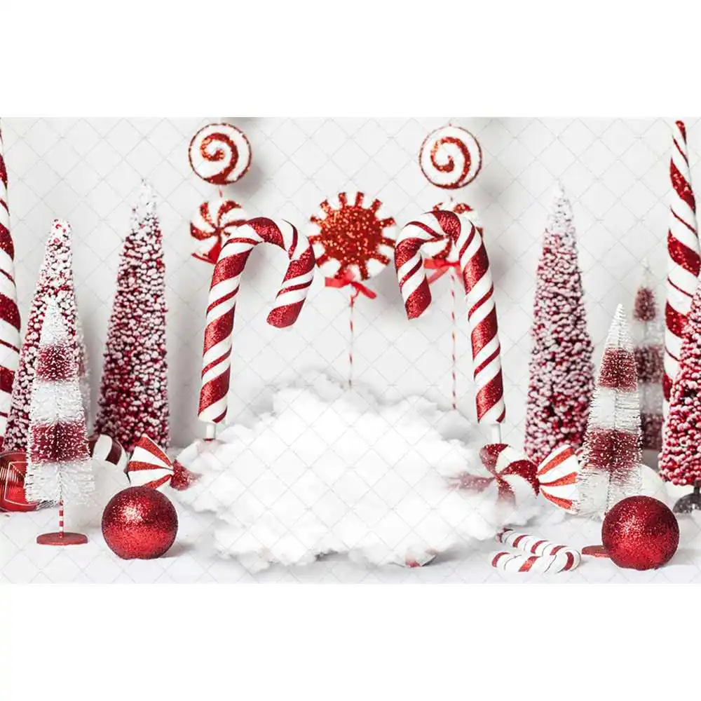 Christmas Candy Cane Background Photography Red Xmas Tree Decor Balls Snowy Wonderland Backdrop Winter Kid Birthday Photo Studio