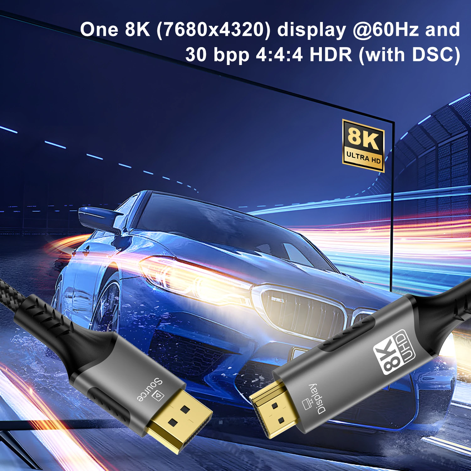 DisplayPort 1.4 to HDMI 2.1 Braided Cord 8K Cable Video Adapter [8K@60Hz,4K@120Hz] Directional DP Source to HDMI Display