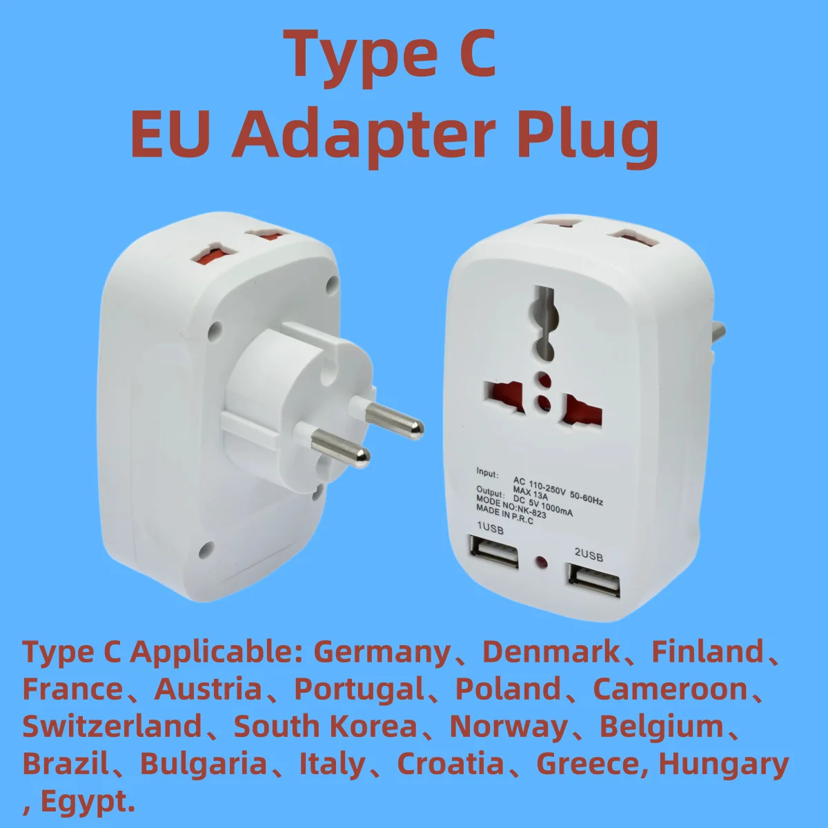 

EU Travel Adapter Plug,AC Max 13A 110V-250V ,DC 5V 1A with child Safety Lock,Type C Plug.