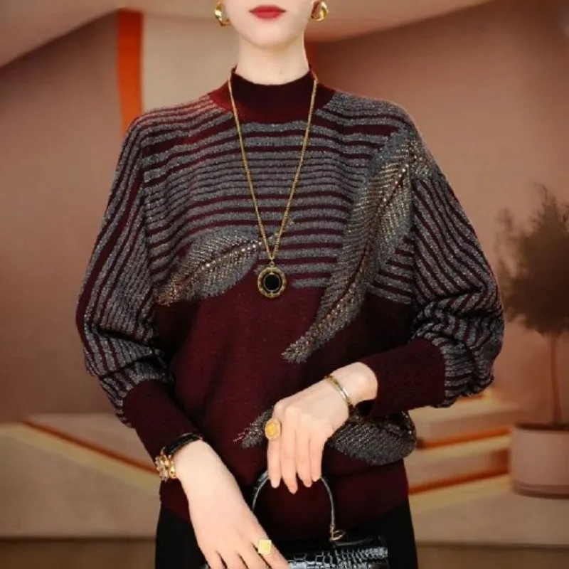 Women Middle Aged Half Turtleneck Stripe Feather Hot Fix Rhinestone Knit Sweater Loose Pullover