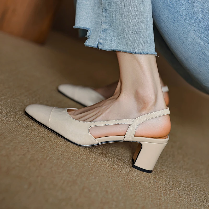 NEW Summer Women Sandals Genuine Leather Shoes for Women Cover Toe Slingback Shoes Narrow Band Square Toe High Heel Women Shoes