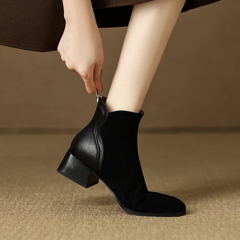 2023 New Autumn Boots Women Sheep Suede Leather Shoes for Women Square Toe Chunky Heel Women Boots Winter Zipper Modern Boots