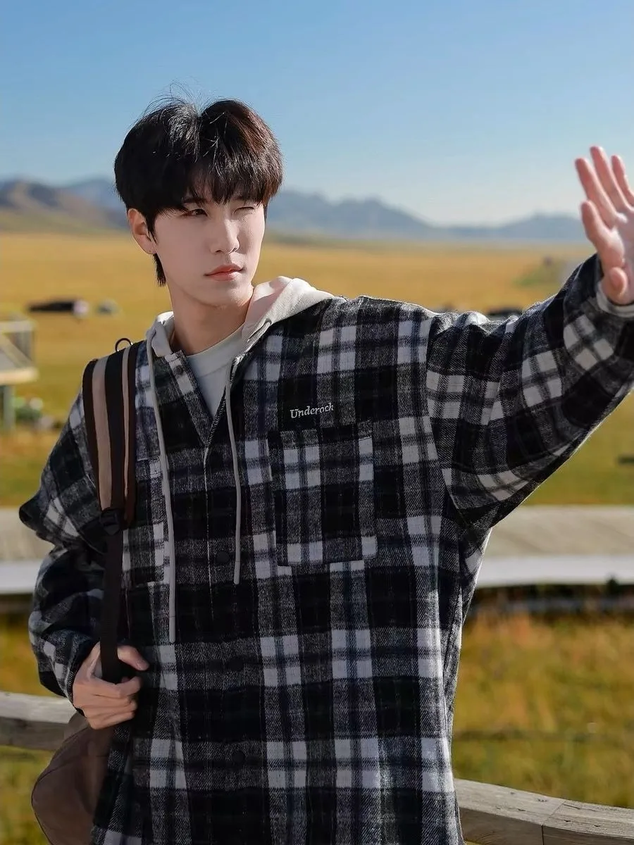 

Men's Woolen Coat Winter New Sle Hong Kong Sle Spring Autumn Plaid Hooded Jaet Luxury Brand Polyester Cotton Blend