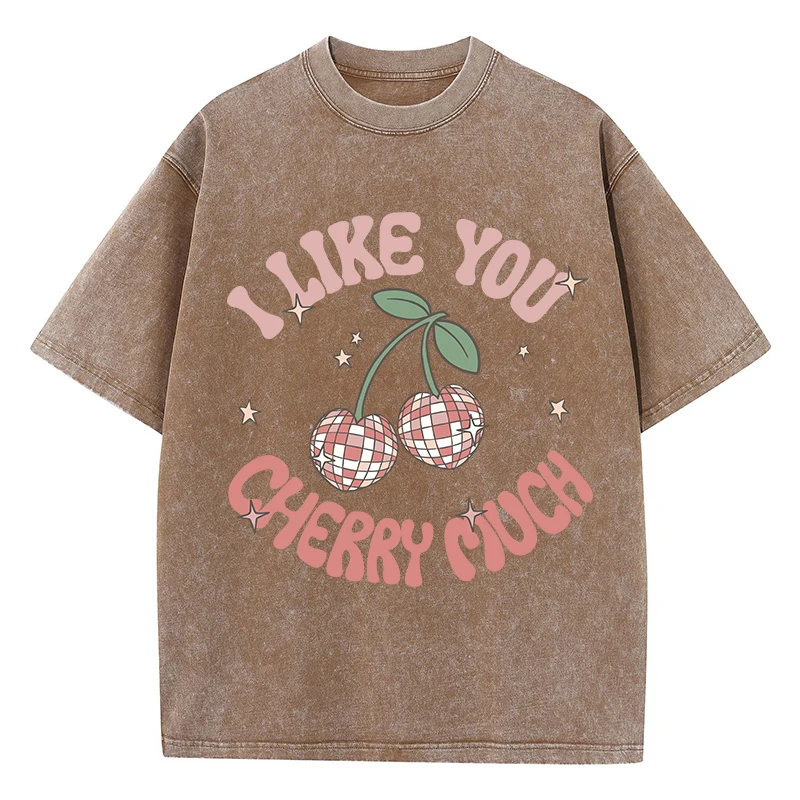 I Like You Cherry Much Print Men Distressed Washed Tshirts Summer Fashion T-Shirt Breathable O-Neck Tee Shirts Soft Cotton Tops