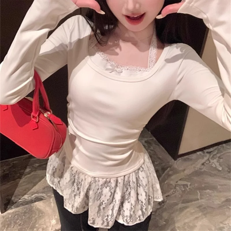 여성용 가을 겨울용 화이트 페이크 투피스 레이스 패치워크 긴팔 티셔츠 스위트 베이스 탑 한국 스타일