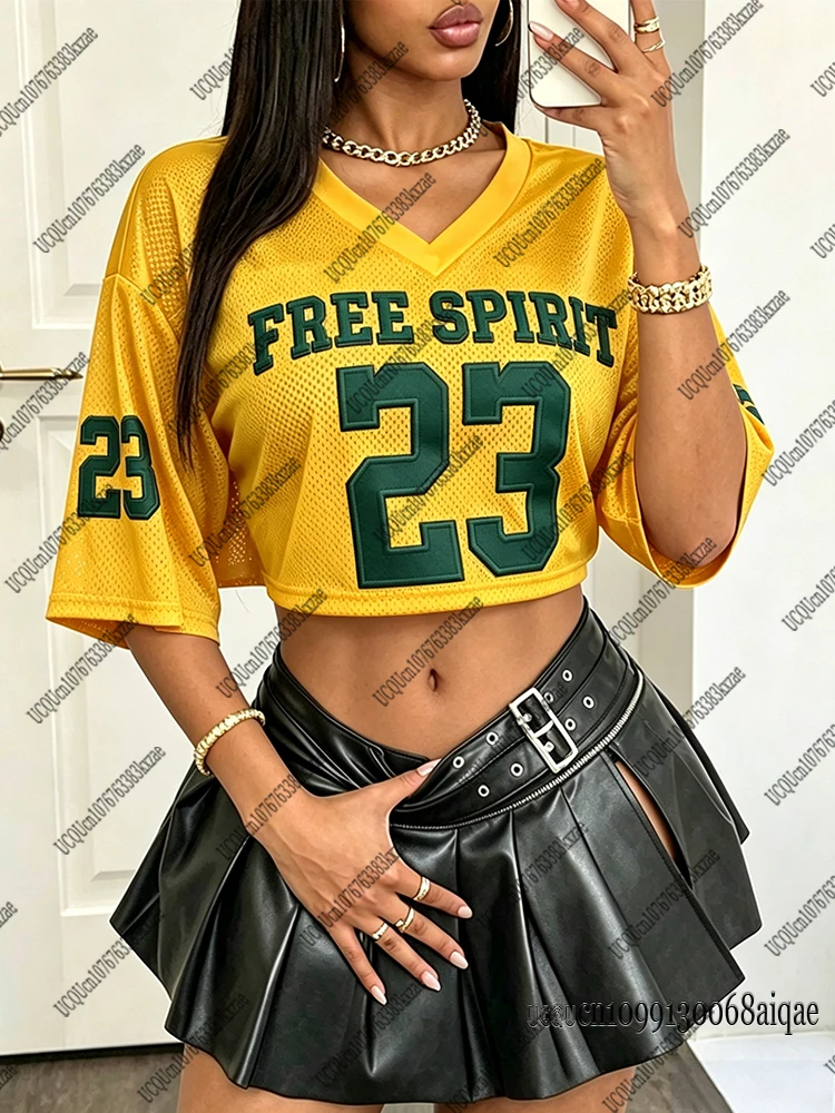 2026 Summer New Retro No.23 Print Crop Top For Women V-Neck Short Sleeve Sports Football Jerseys Street Sexy Tops Y2K Crop Tops