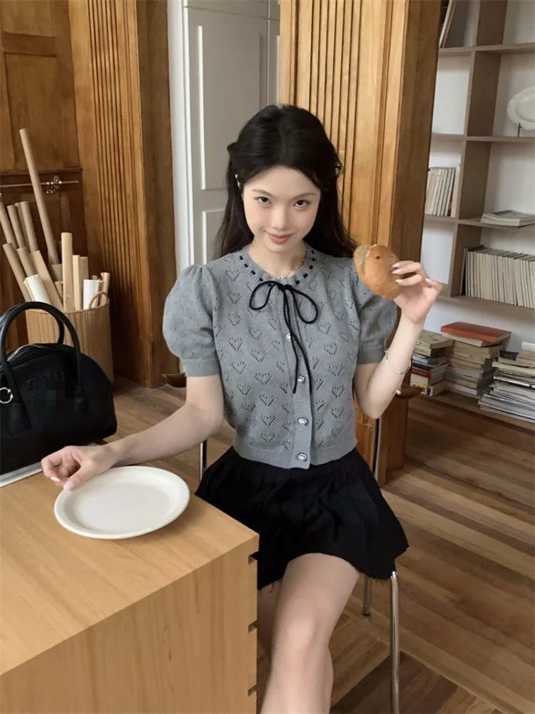 

Korean Sweaters Women's Clothing O-neck Short Sleeve Hollow Out Sueter Mujer Cropped Tops Bandage Fashion Sweet Knitted Cardigan