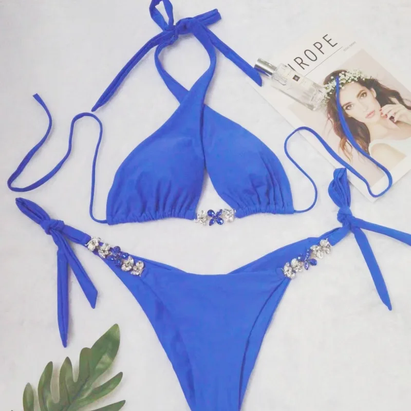 Sexy bikini swimsuit with chest pads, crystal diamonds, open back, cross halter neck, strapless, sleeveless swimwear