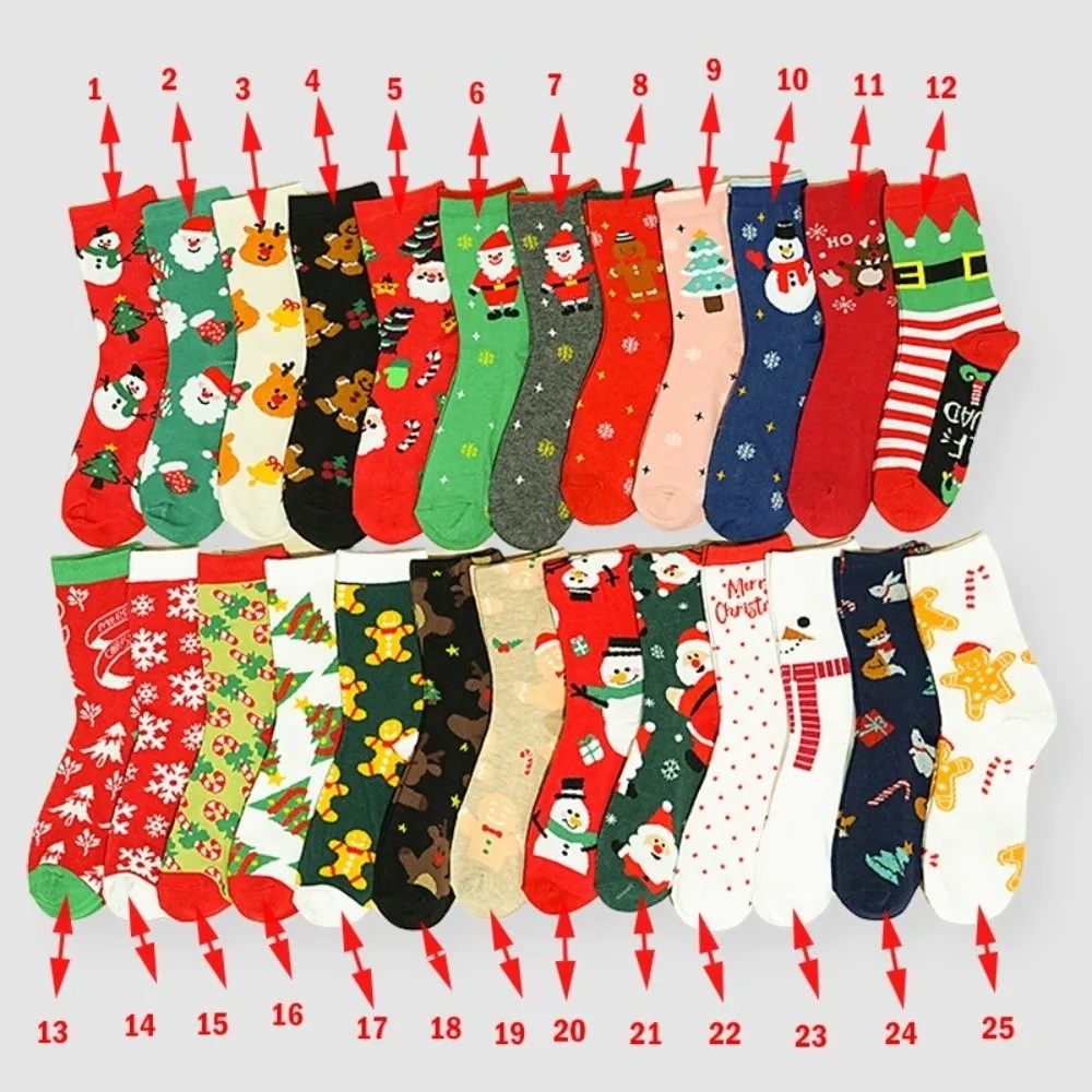 12pcs Cartoon Red Christmas Socks Snowman Elk Crew Socks Santa Claus Floor Sleeping Socks Holiday Gift