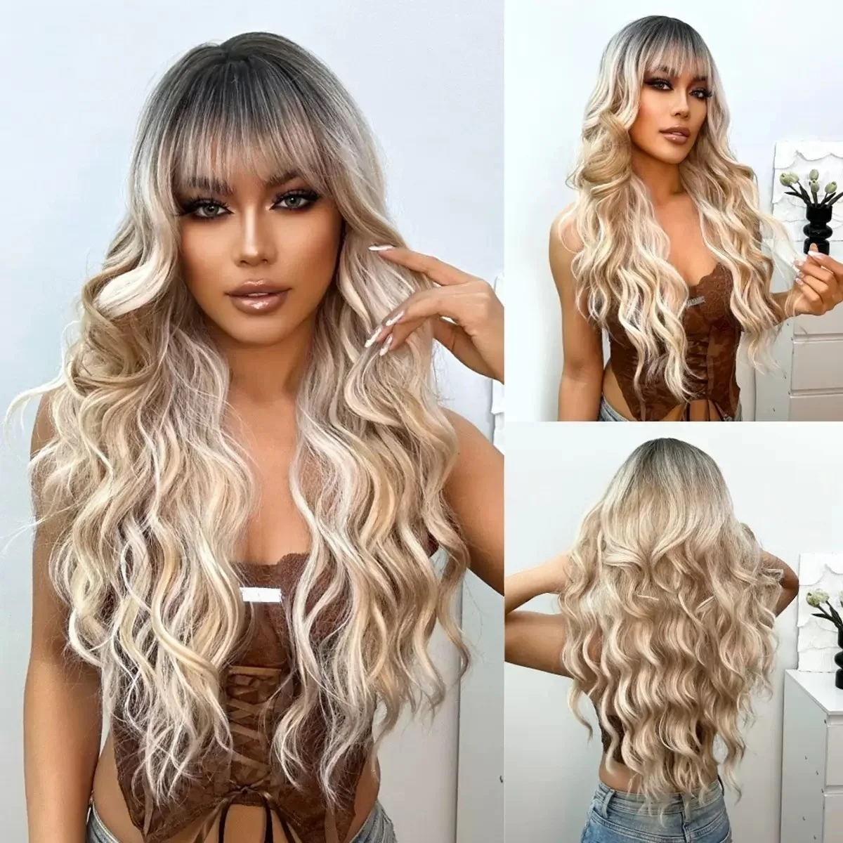 Ombre Light Brown Wigs with Bangs Blonde Highlight Long Curly Wavy Synthetic Wigs for Women Daily Cosplay Party Heat Resistant