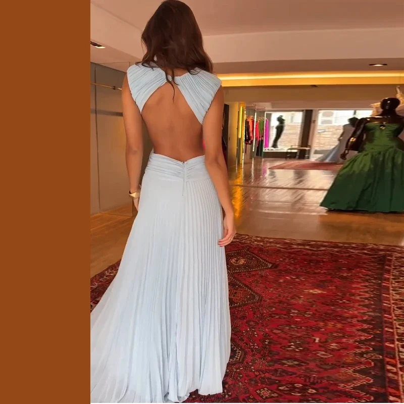Elegantes plissiertes Damen-Maxikleid mit hohlem Rückenausschnitt, ärmellos, O-Ausschnitt, für Party und Urlaub, A-Linien-Kleider für Damen, Sommer 2026 Roben – Detail 15