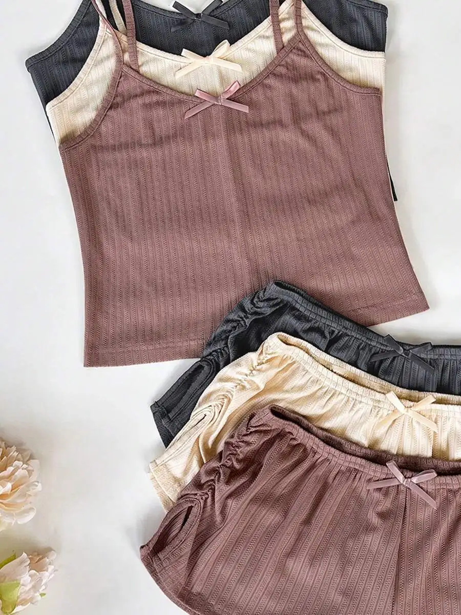 

6pcs Womens Ribbed Pajama Set With Bow Decor Lounge Sleepwear