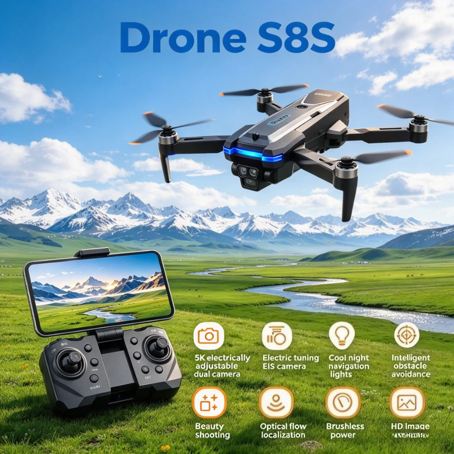 Original S8S Brushless GPS Drone Triple Adjustable Camera Full Obstacle Avoidance Optical Flow Foldable RC Quadcopter